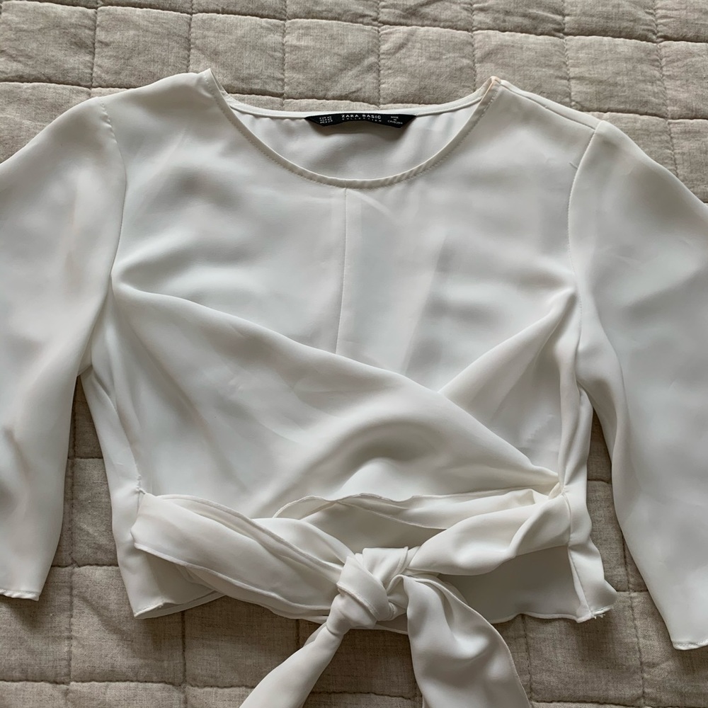 White Zara Wrap Tie Front Blouse Crop Top